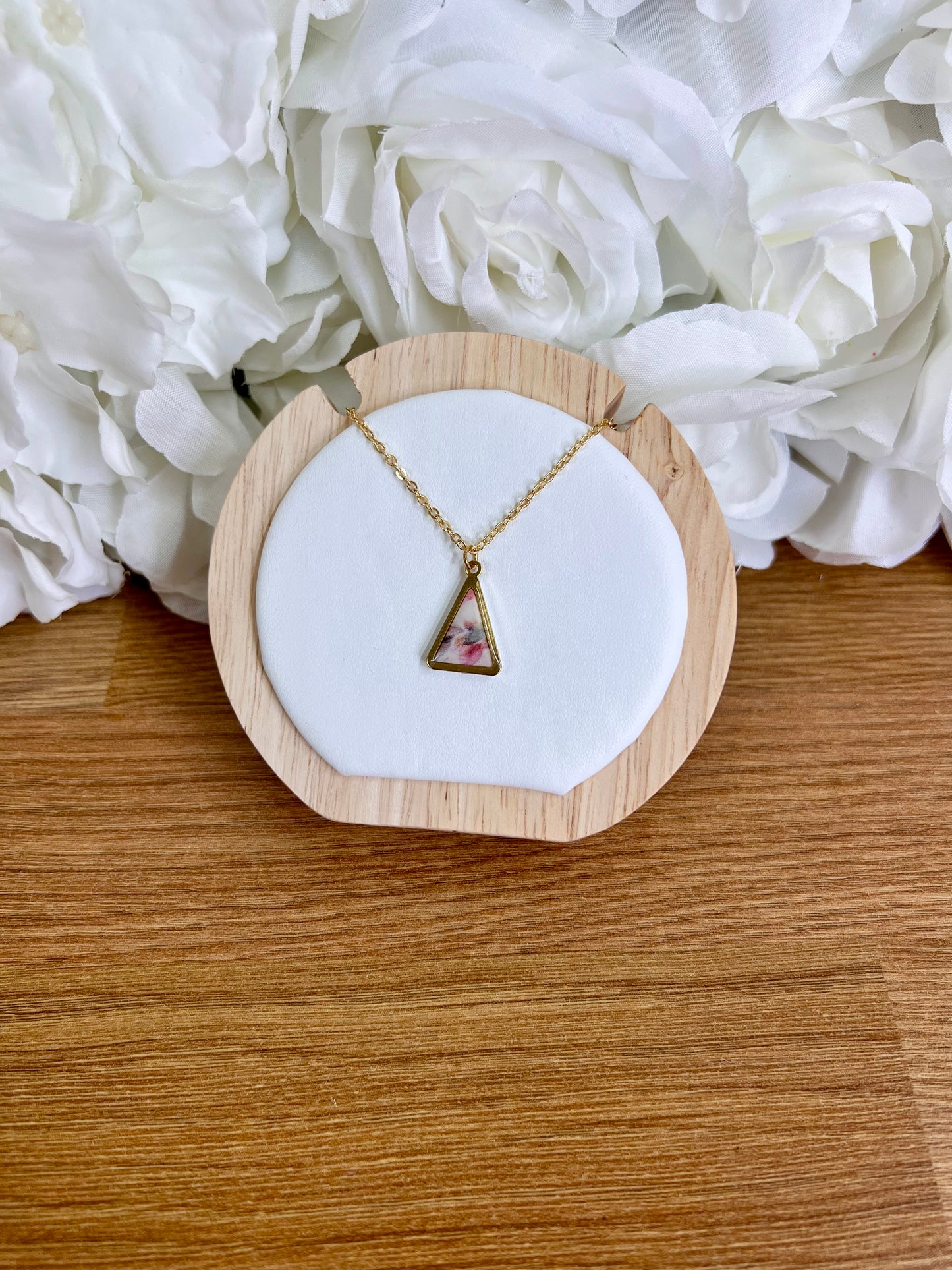 White floral gold triangle necklace