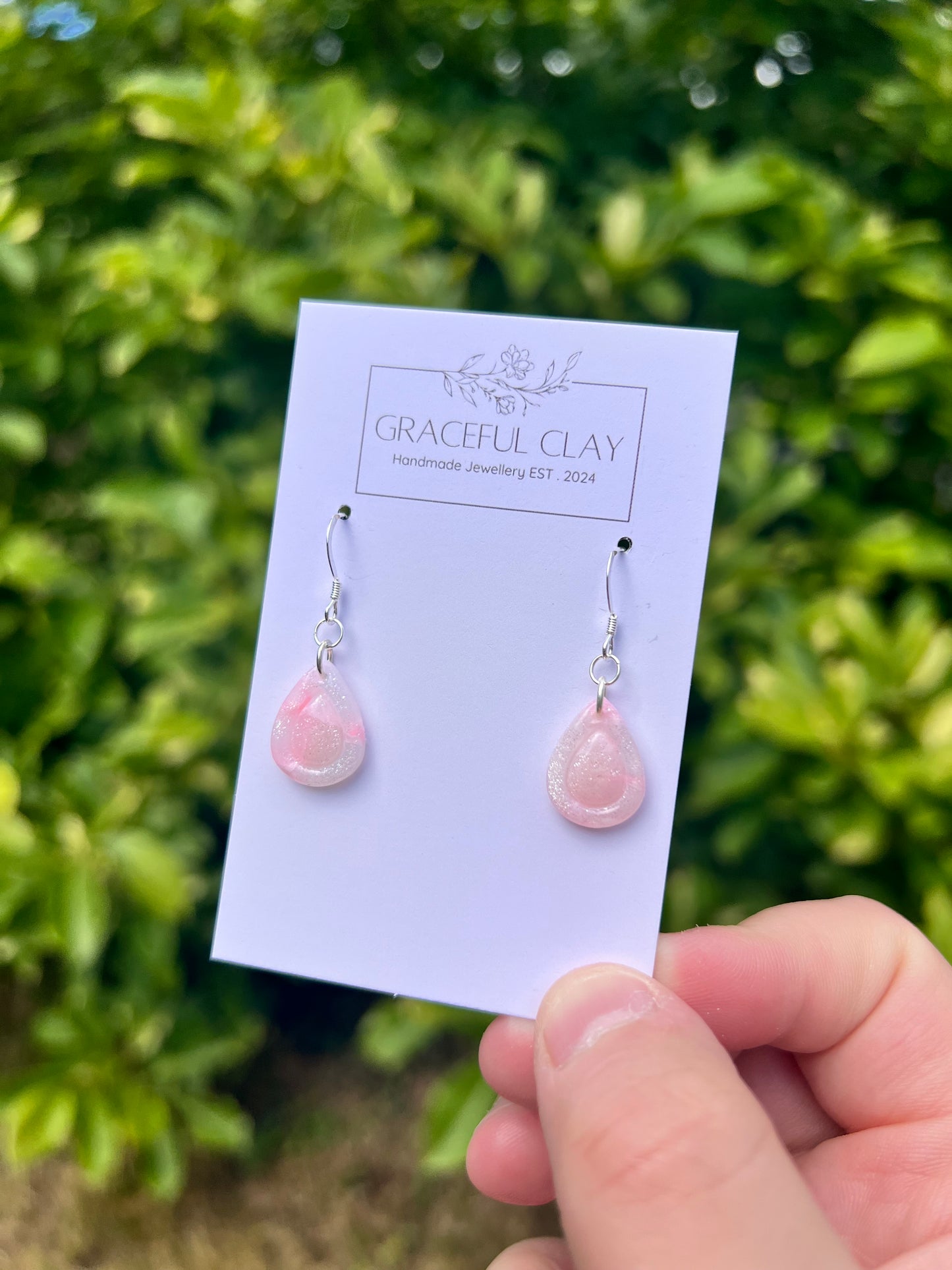 Pink marble glitter oval earrings