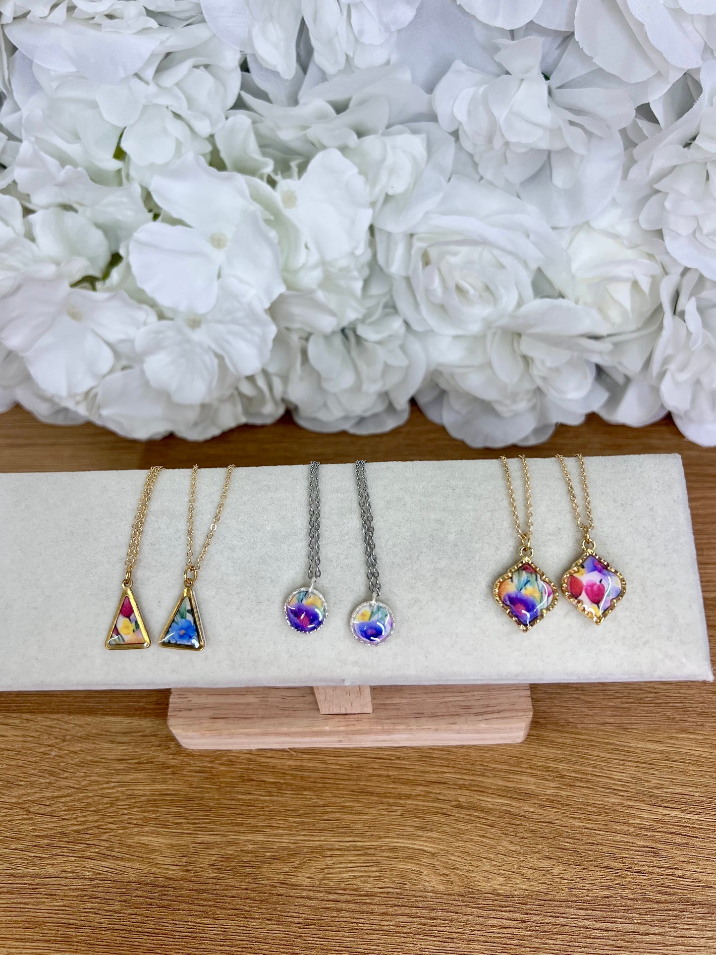 Floral blue triangle necklace