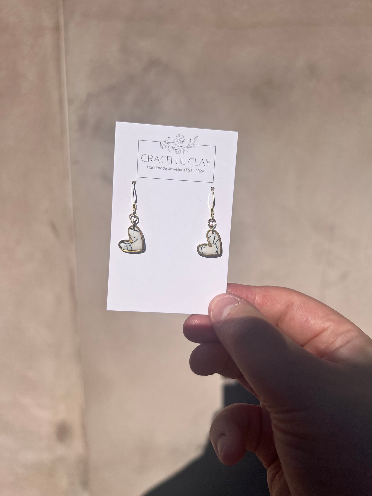 Gold white marble heart earrings