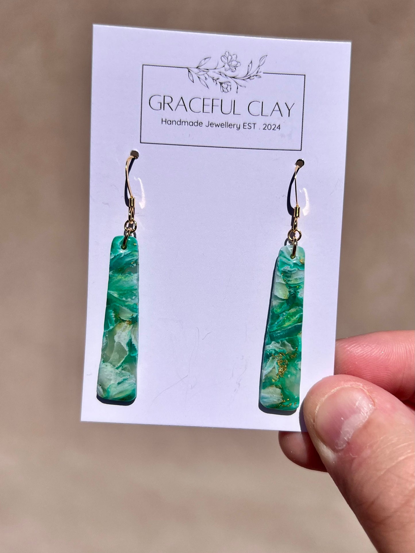Forest Green gold long rectangle earrings