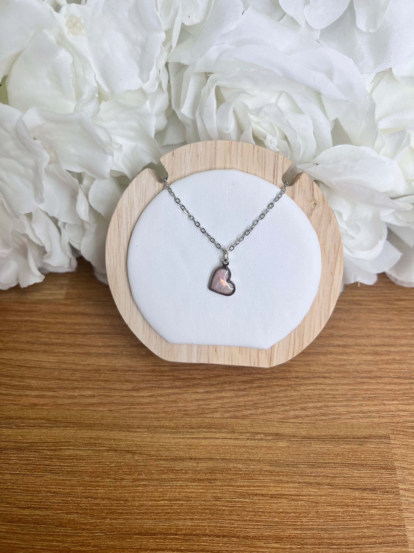 Pink marble silver heart shaped necklace