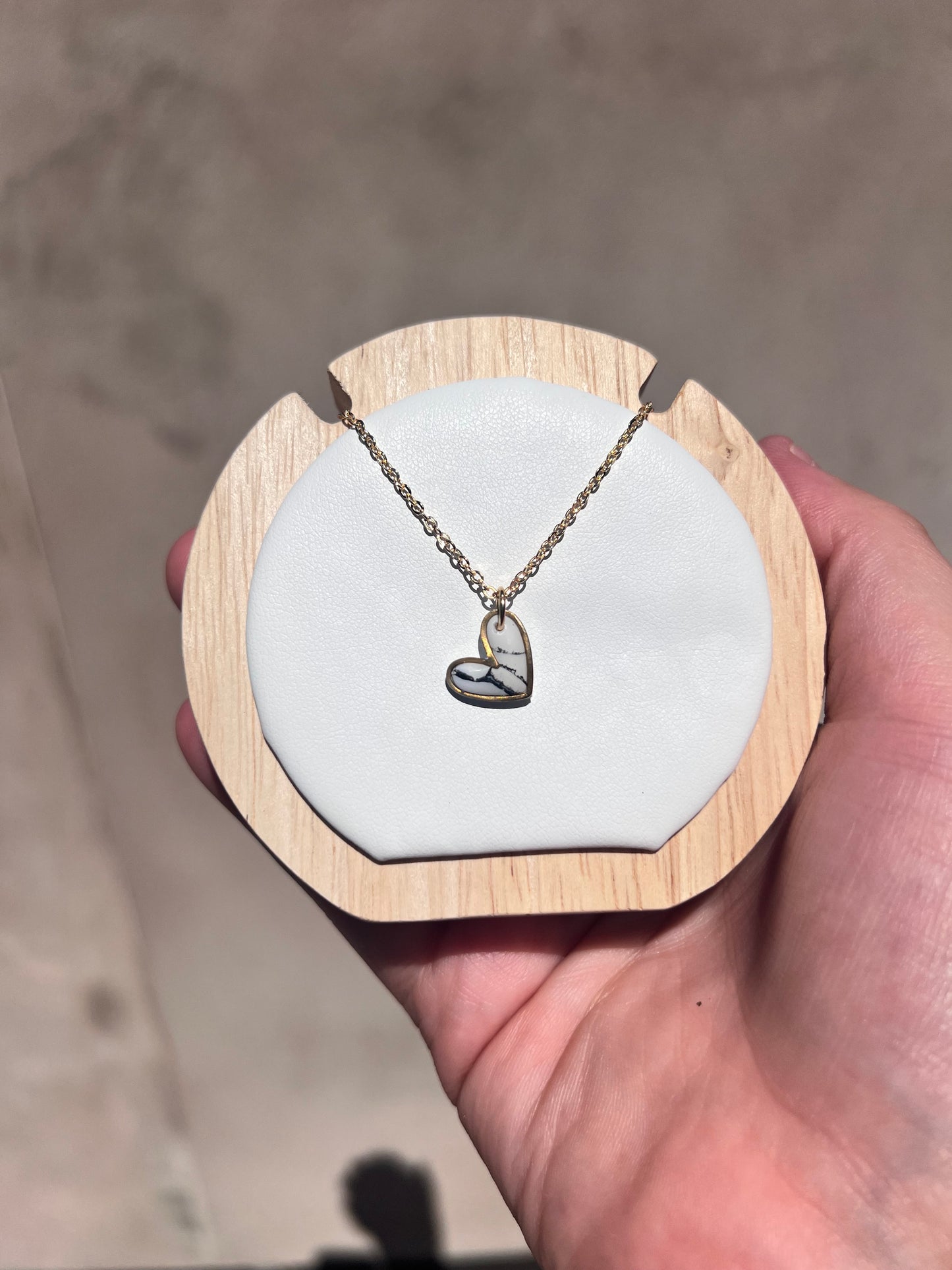 Gold heart charm white marble necklace
