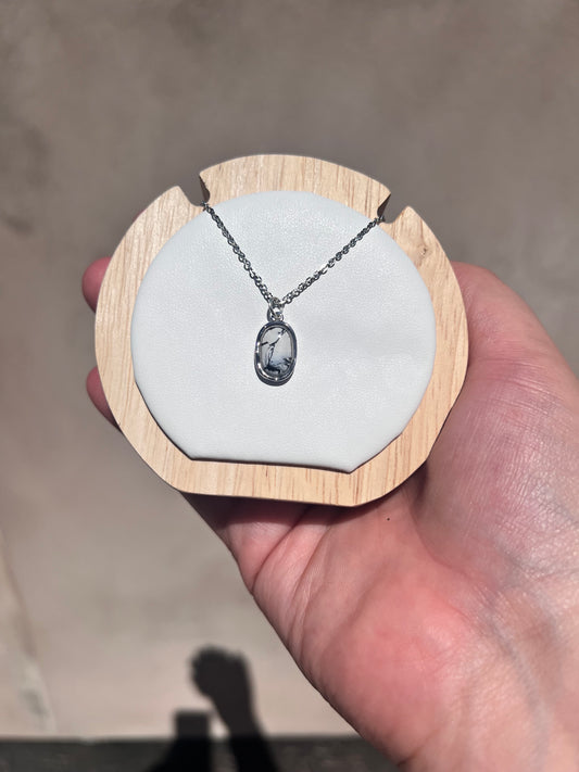 Small oval white marble silver necklace