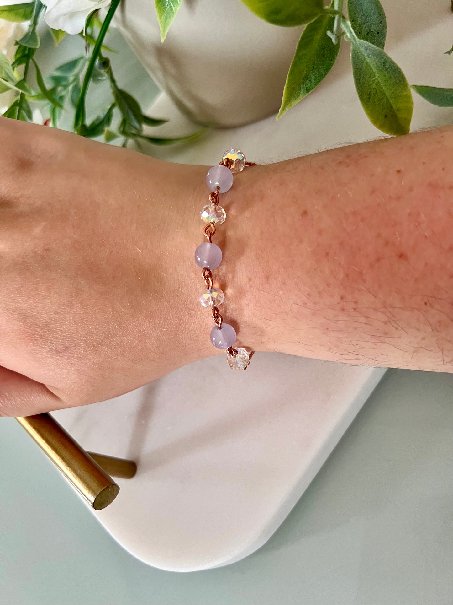 Rose gold bracelet with purple glass beads & AB crystal beads