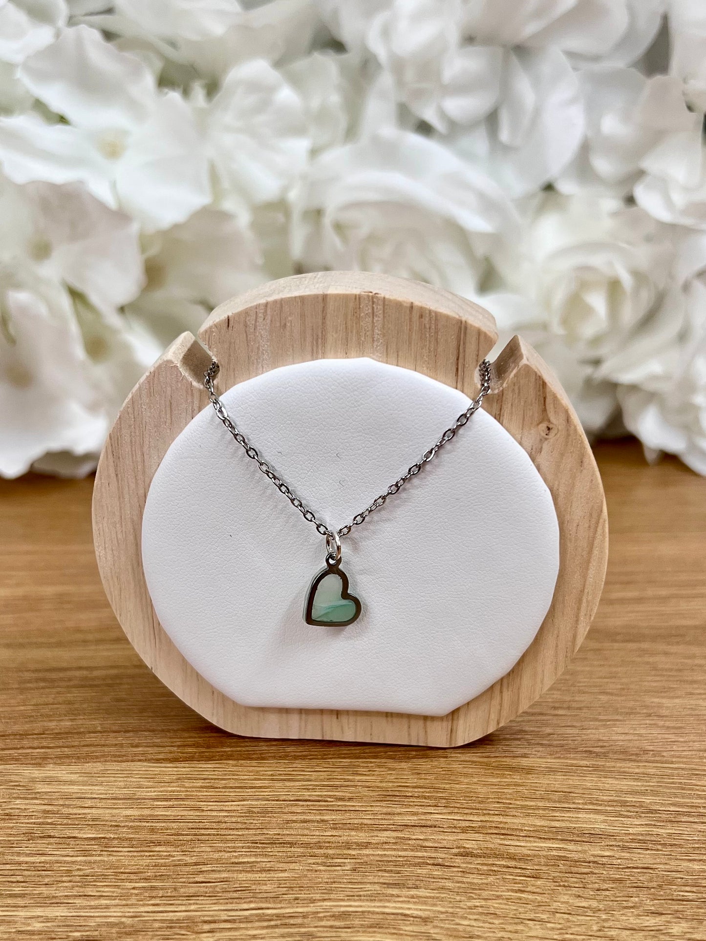 Green marble silver heart charm necklace