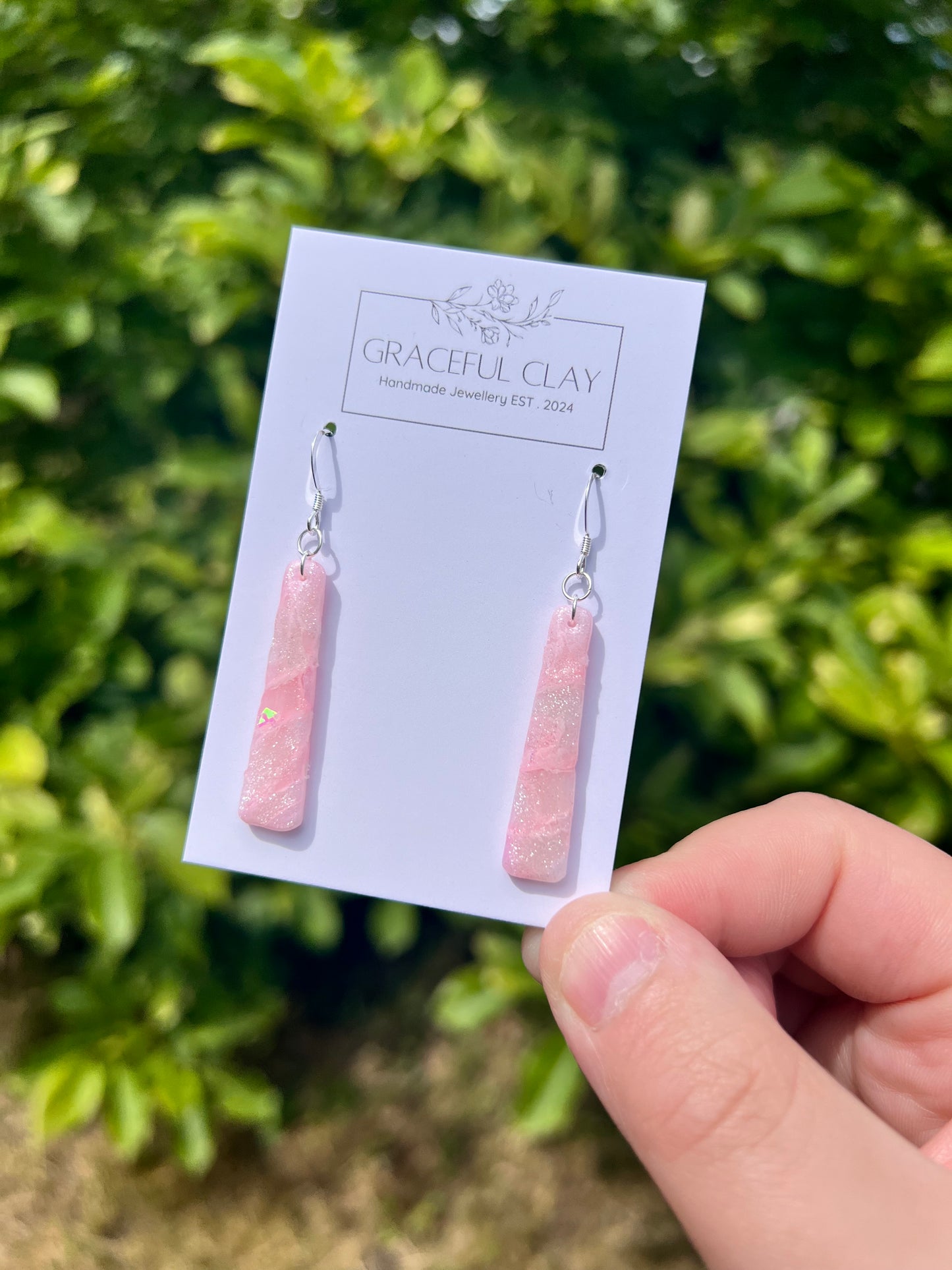 Pink marble glitter long rectangle earrings