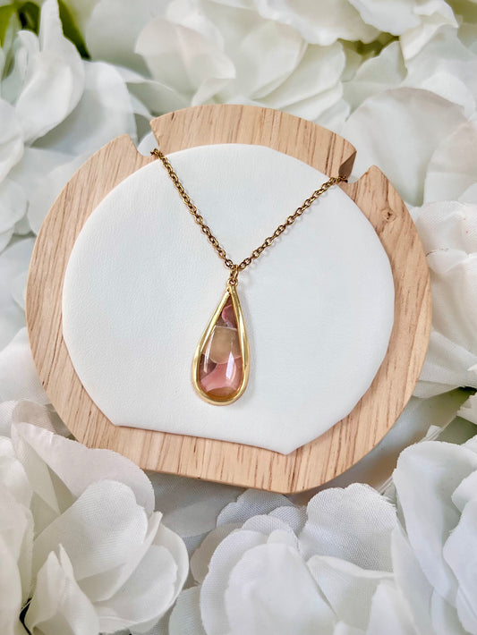 Large gold oval pink & navy necklace