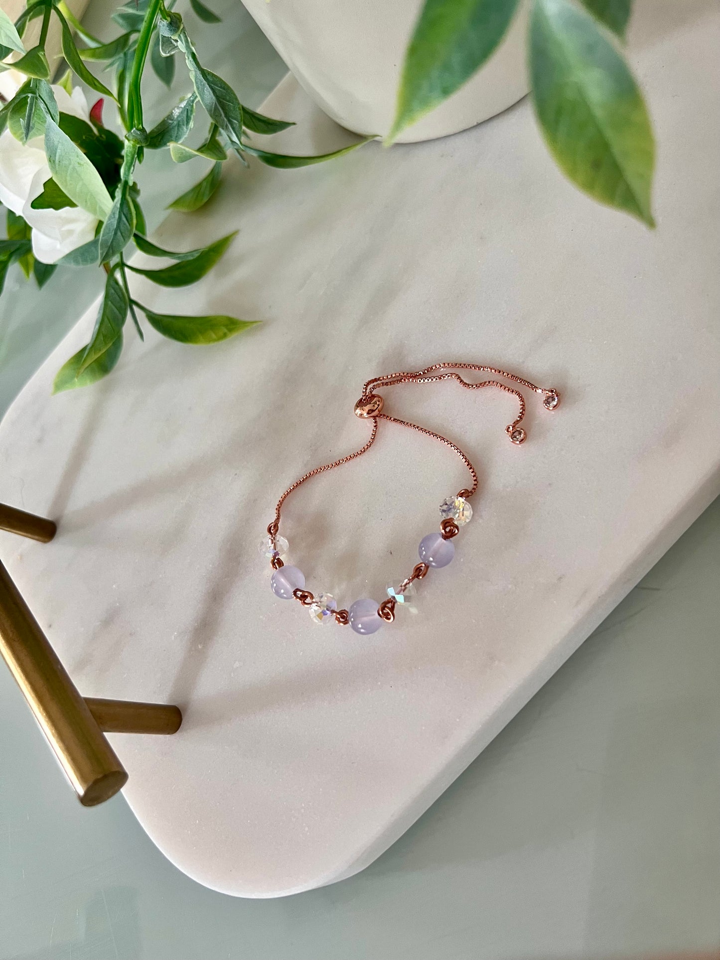 Rose gold bracelet with purple glass beads & AB crystal beads
