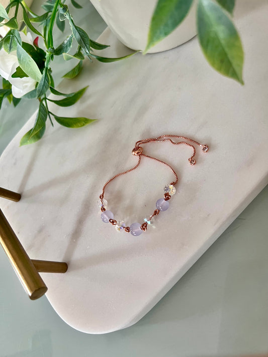 Rose gold bracelet with purple glass beads & AB crystal beads
