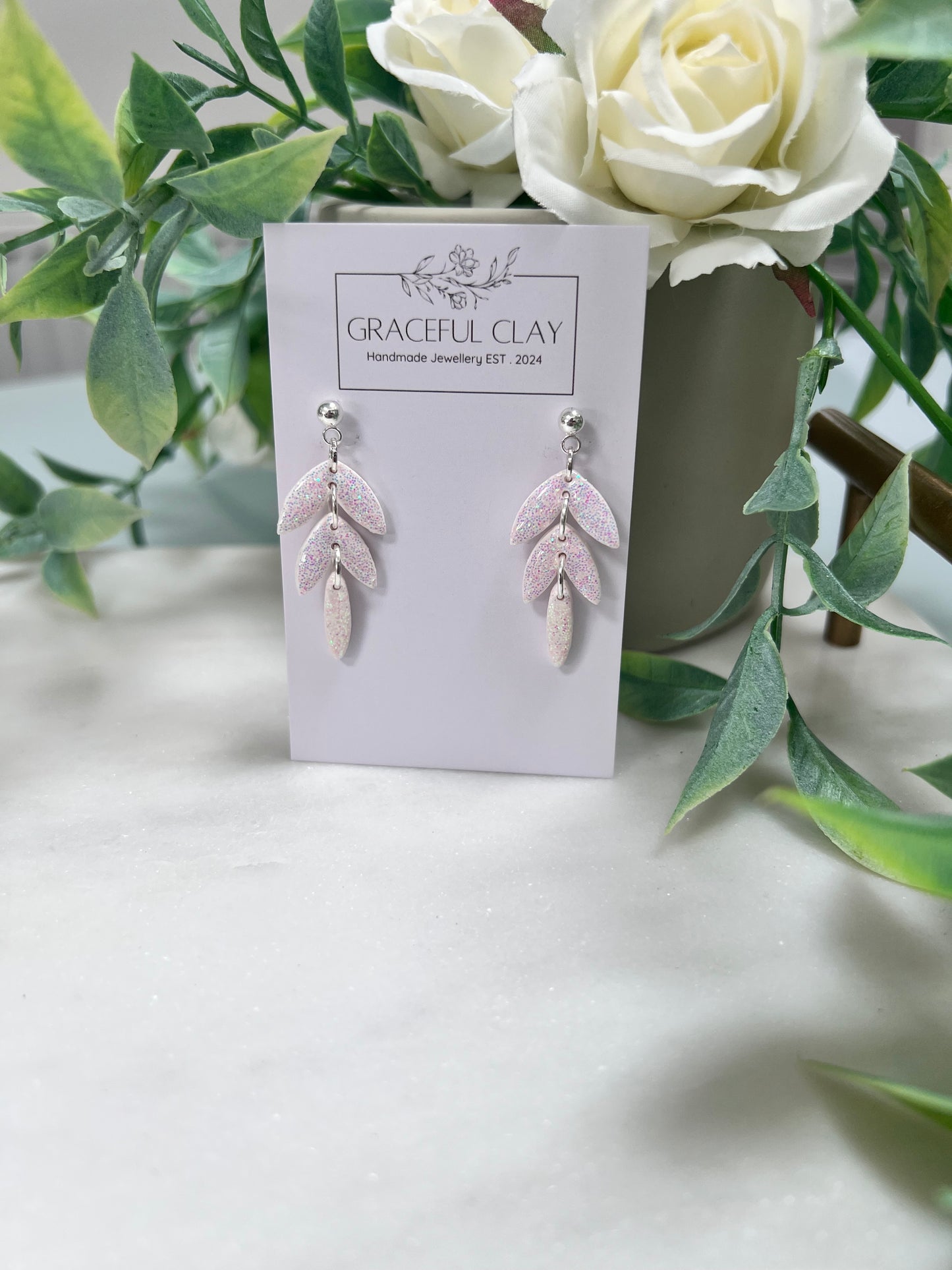 Pink & white glitter 3 tier earrings