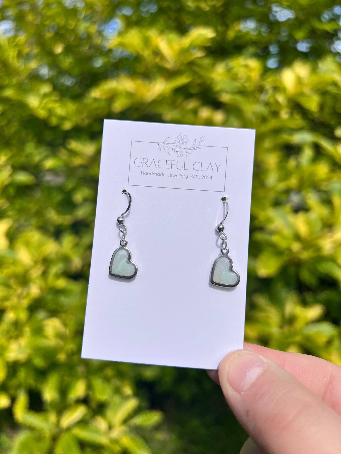 Green marble silver heart earrings
