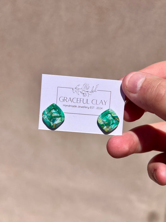 Forest green gold diamond shaped studs