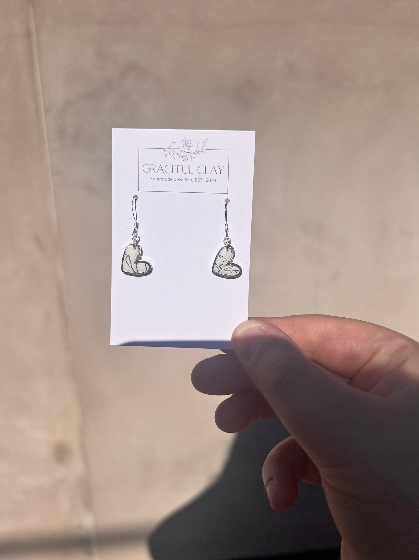 Silver white marble heart earrings