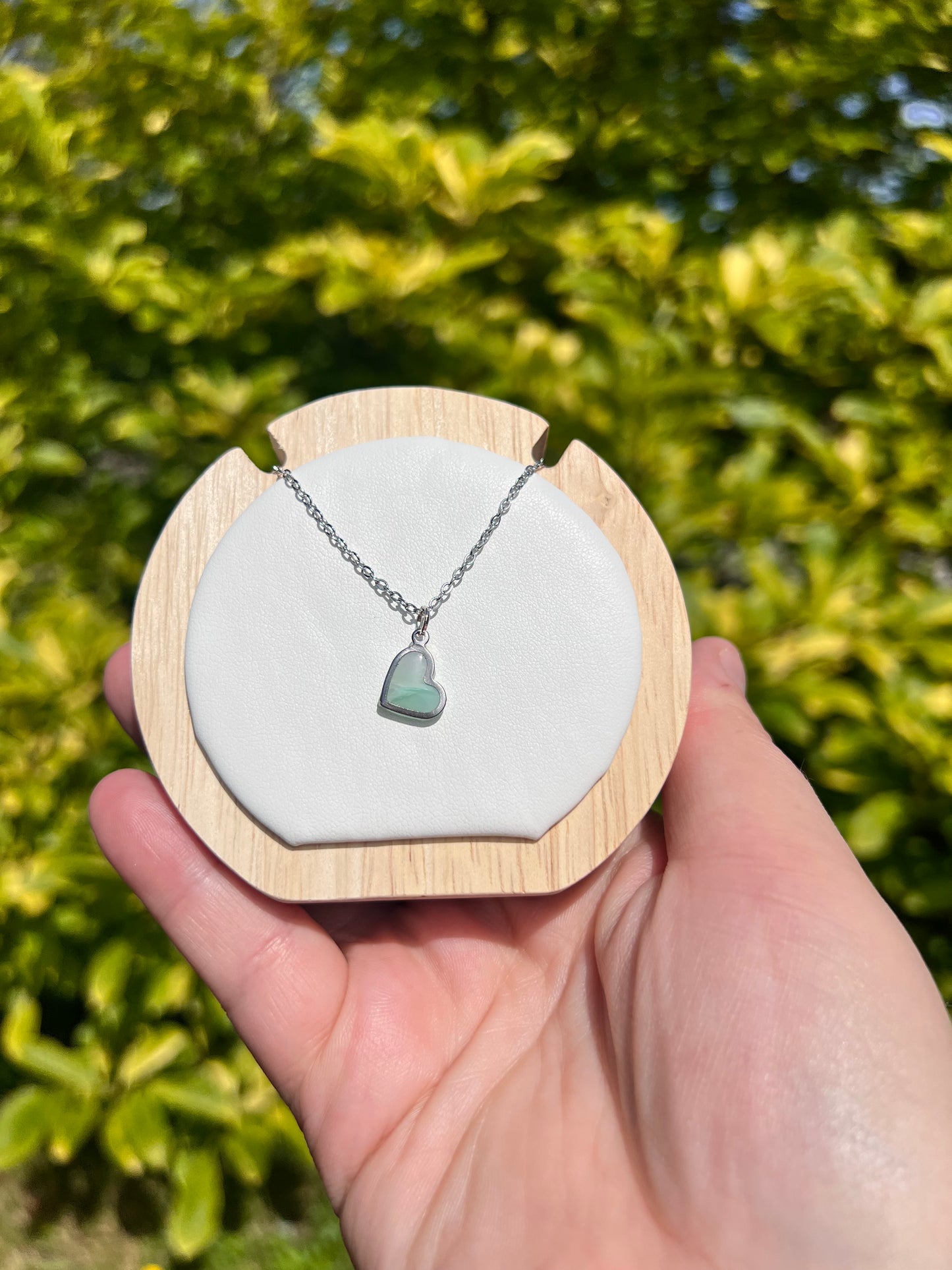 Green marble silver heart charm necklace