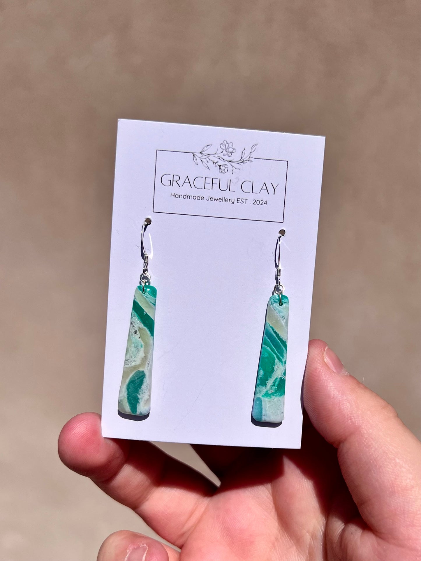 Forest Green silver long rectangle earrings