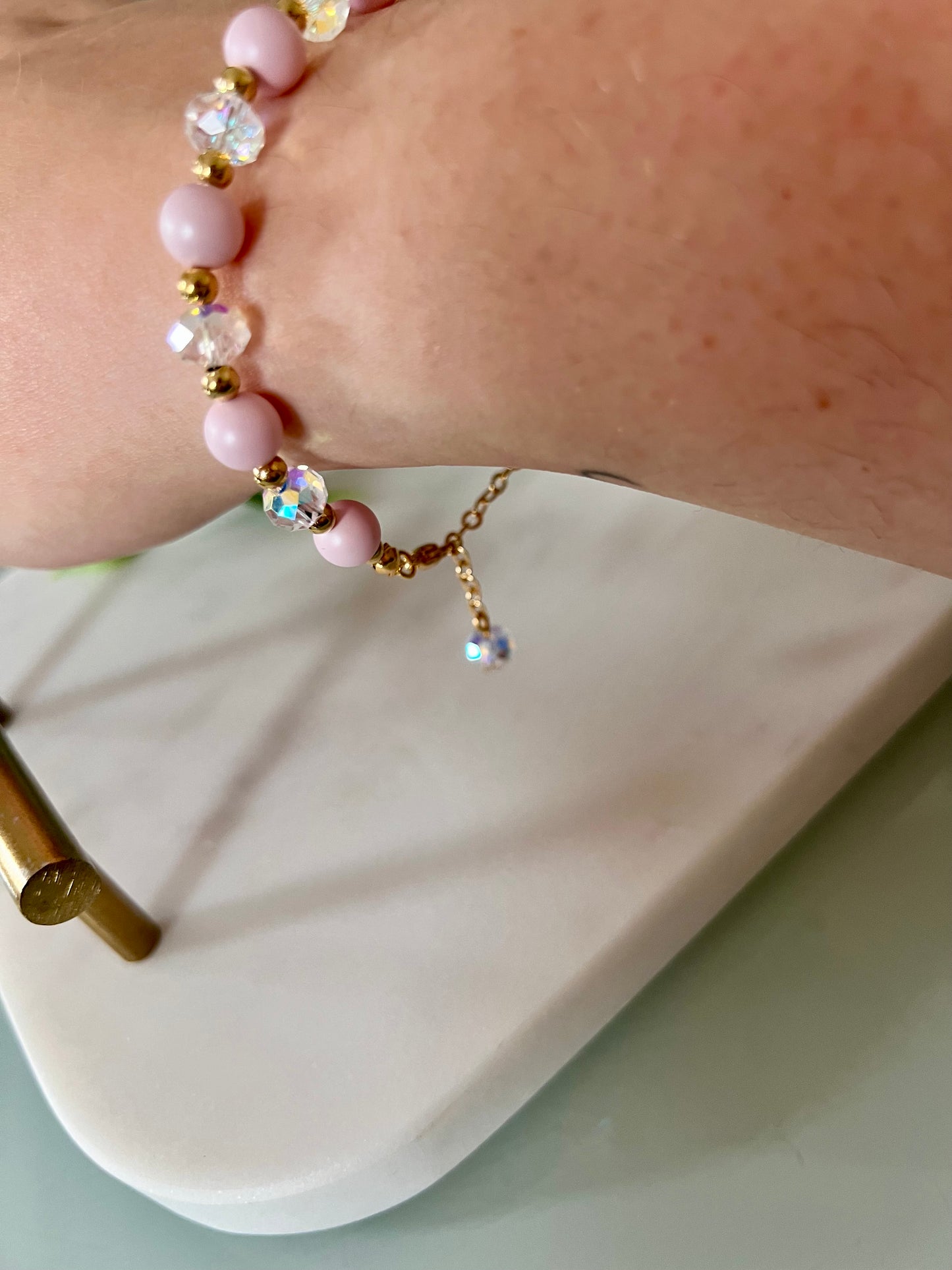 Pink & Gold bracelet with AB crystal beads