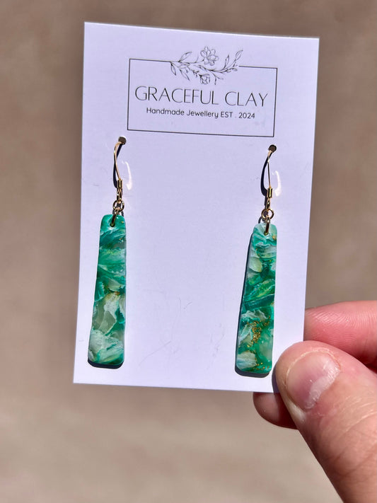 Forest Green gold long rectangle earrings