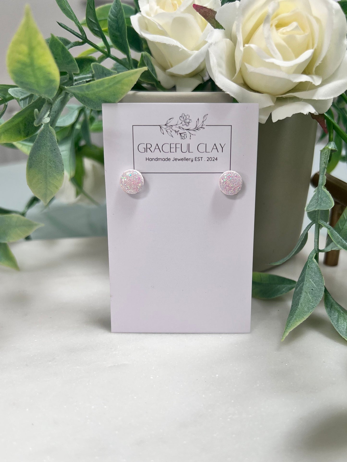 Pink & white glitter studs