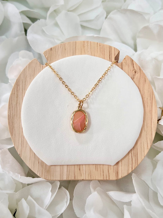 Pink marble gold oval necklace