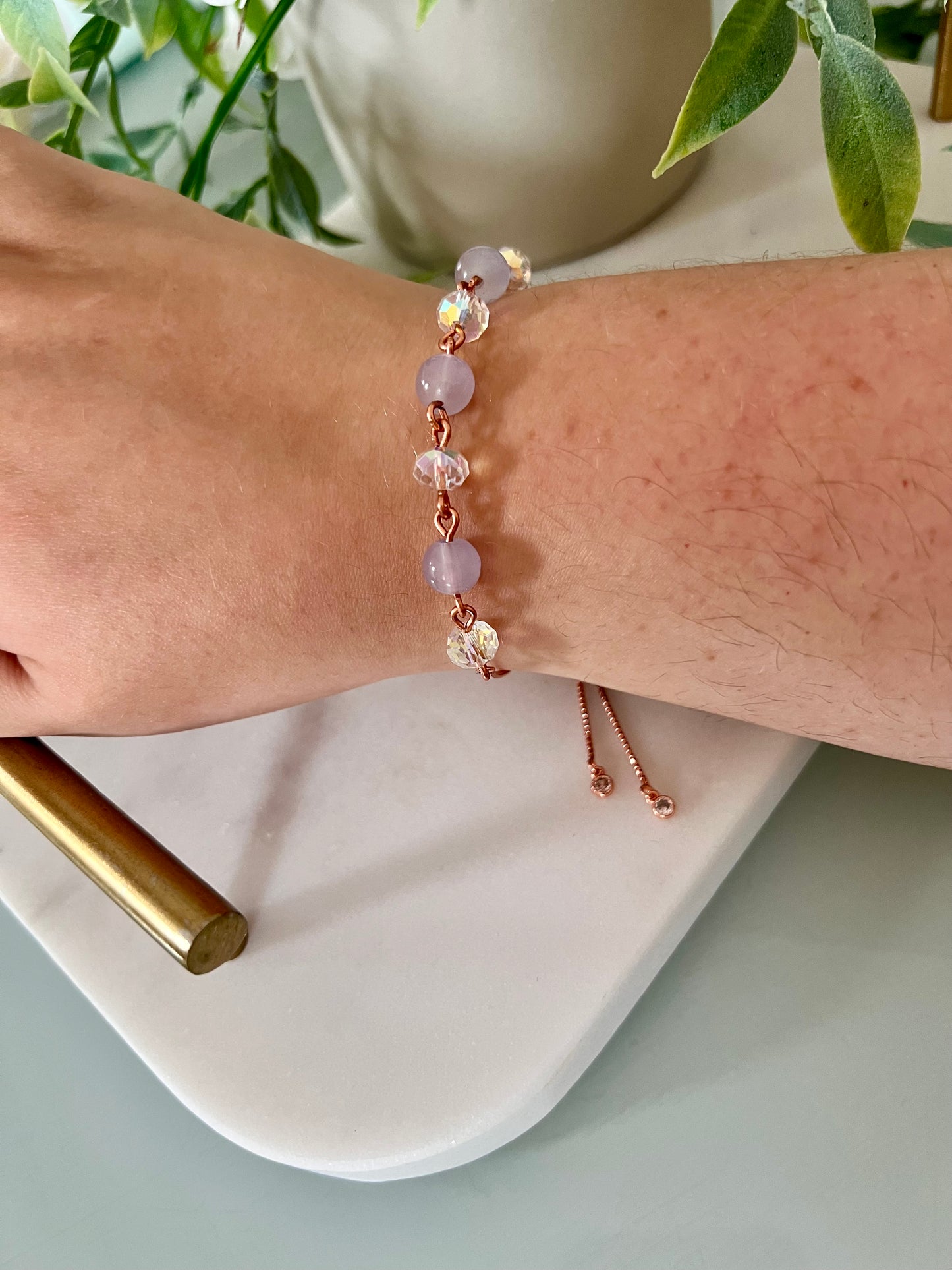 Rose gold bracelet with purple glass beads & AB crystal beads