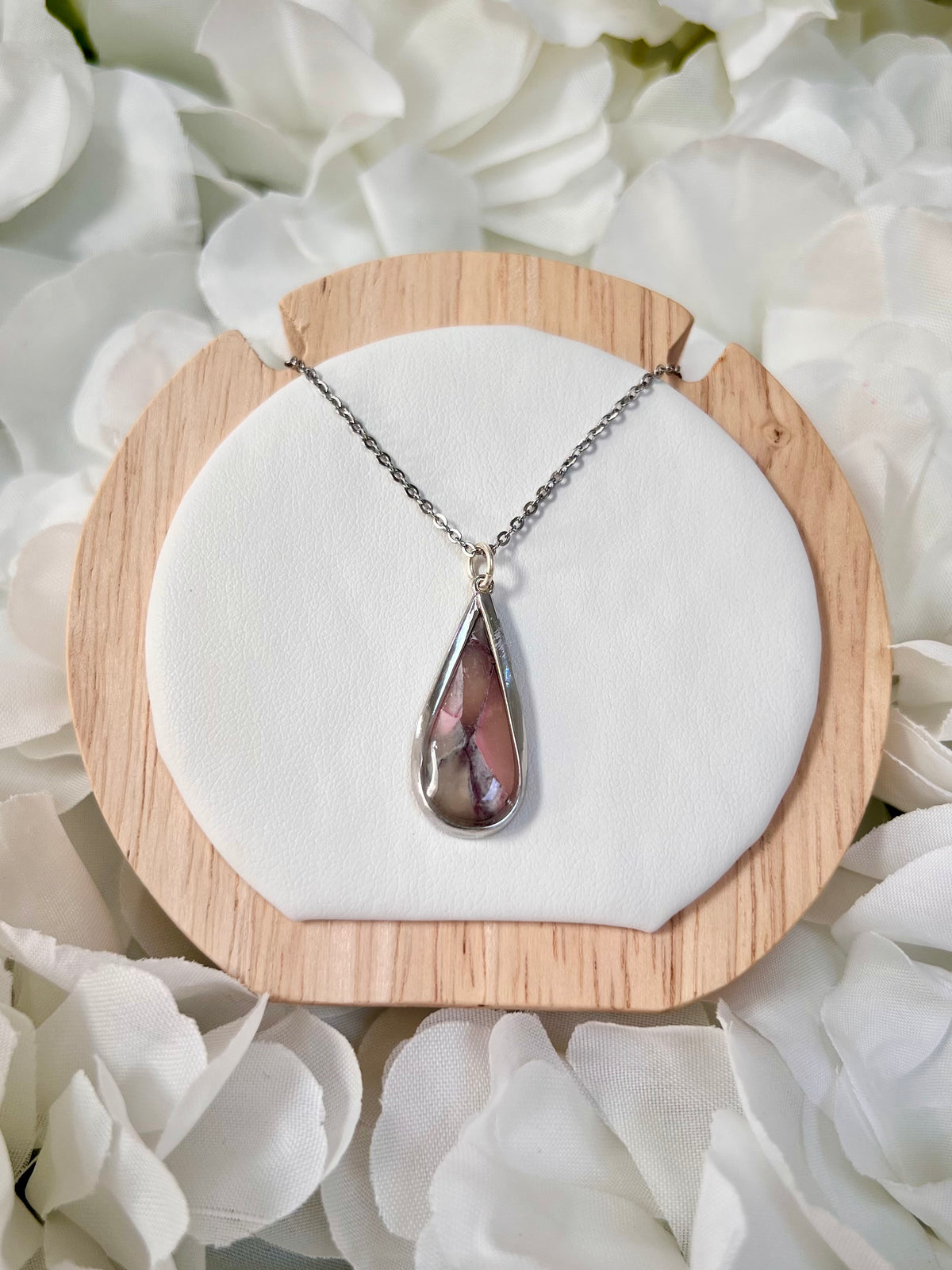 Large silver oval pink & navy necklace