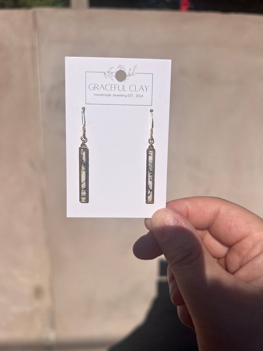 Gold long rectangle white marble earrings