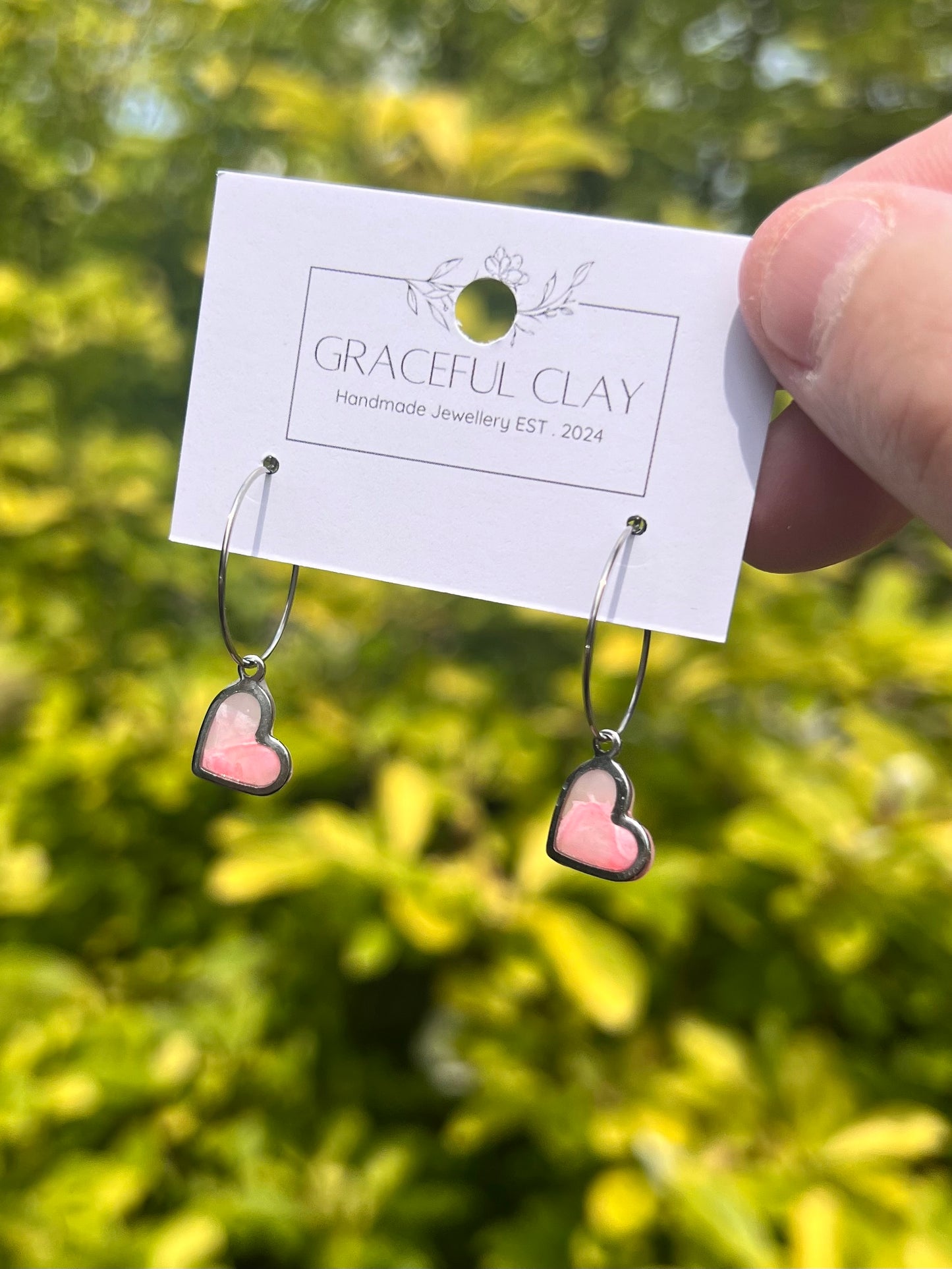 Pink marble heart charm hoops