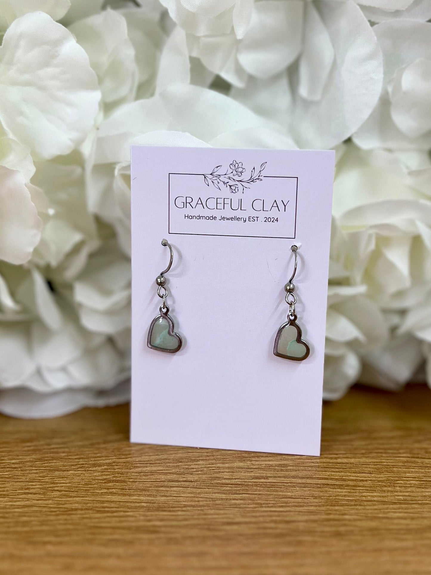 Green marble silver heart earrings