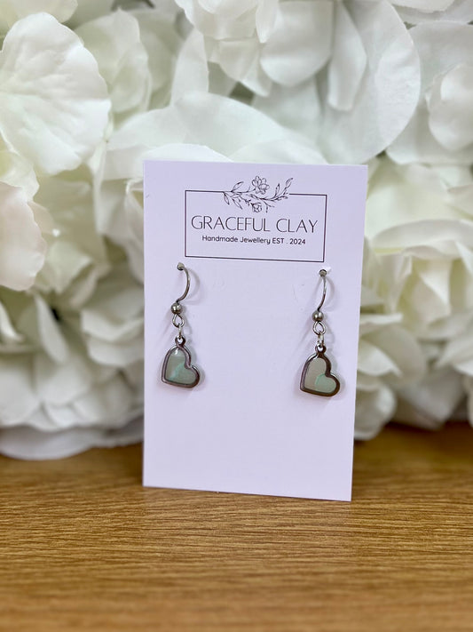 Green marble silver heart earrings