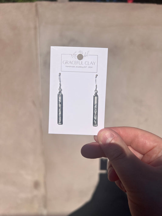 Silver long rectangle white marble earrings