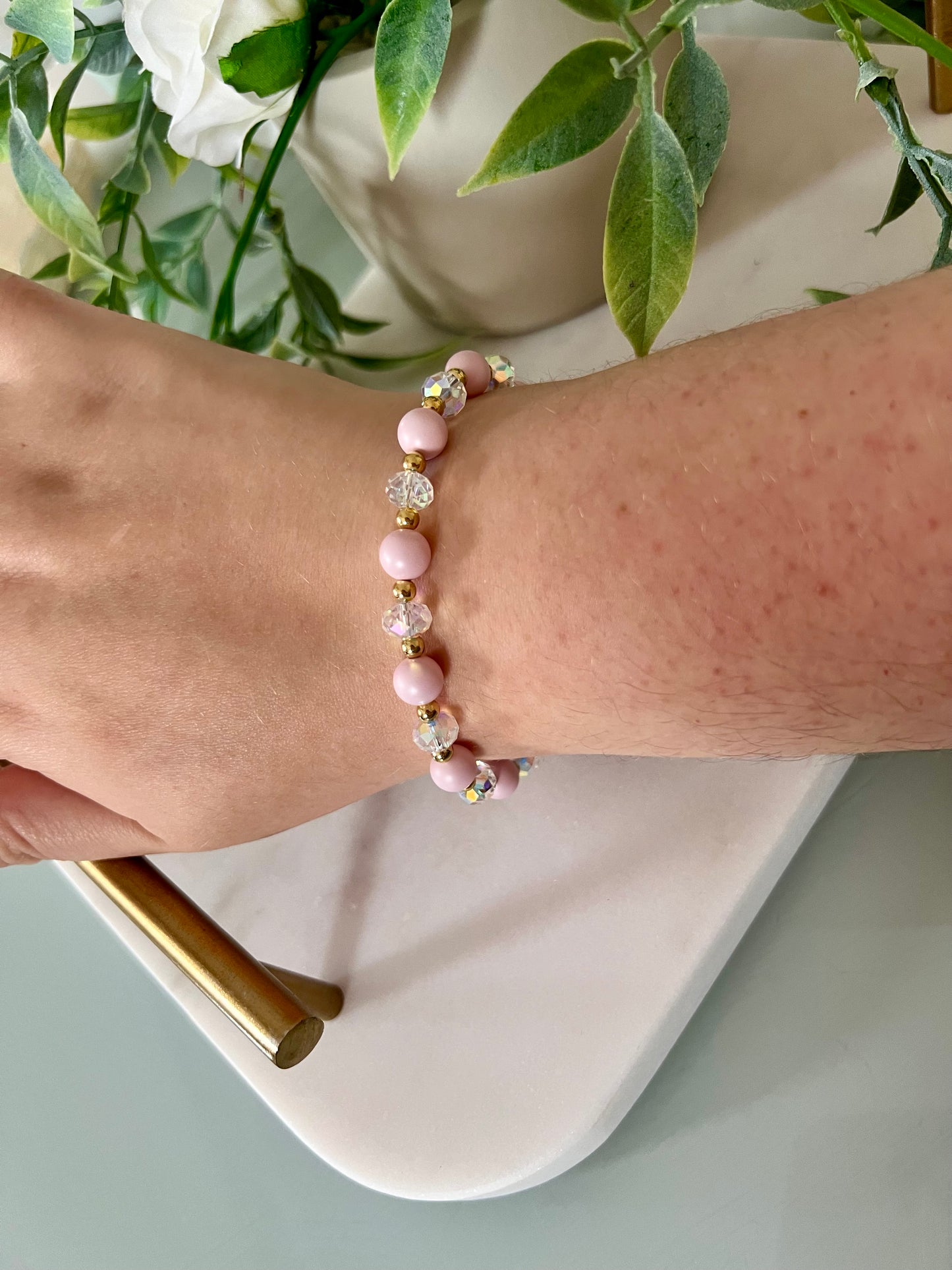 Pink & Gold bracelet with AB crystal beads