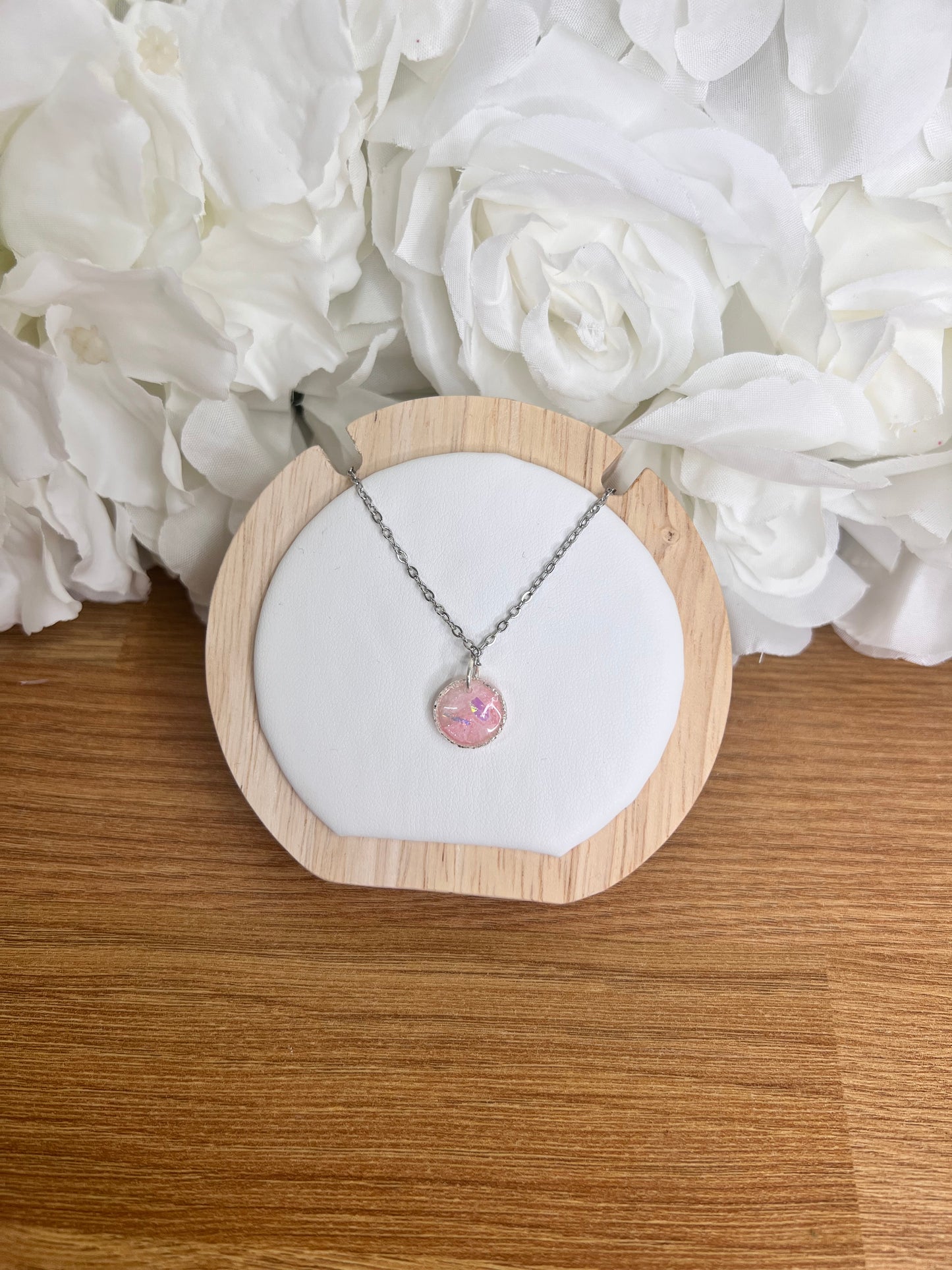 Pink marble circle silver necklace