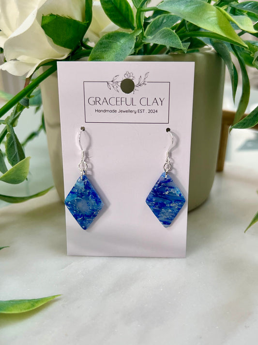 Blue marble diamond shaped earrings